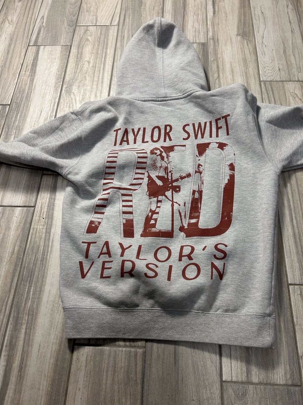 Taylor Swift Gray Hoodie RED Taylor’s Version Graphic Med Lyrics to Right Sleeve